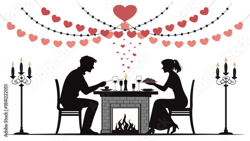 Couple silhouetted at a table in a minimalist vector art style