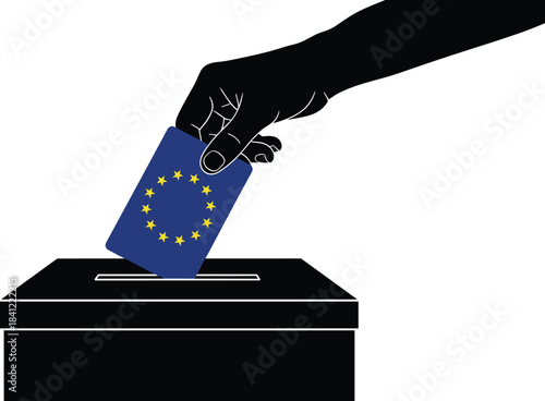 Hand placing European Union ballot into voting box, symbolizing EU election, democracy, political participation, civic rights and European governance concept