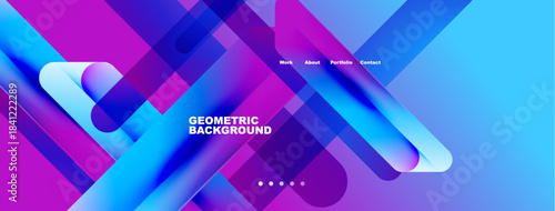 Abstract geometric design. Vibrant purple, blue hues create modern backdrop. Text elements present work, about, portfolio, contact details.