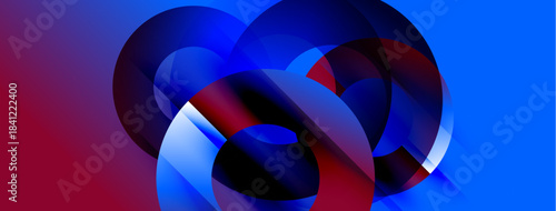 Abstract composition featuring overlapping circles. Colors blend from deep blues, reds, to lighter shades. Modern, dynamic visual experience.