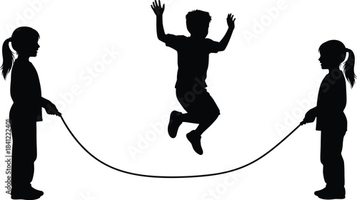 Kids playing jump rope silhouette, two girls turning rope while boy jumps, active childhood outdoor play concept for education sports illustration