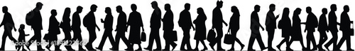 Large crowd of walking people silhouettes moving in line, representing urban lifestyle, daily commute, community movement, population flow and modern society