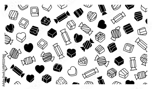 Seamless pattern of assorted sweets candies and chocolates sketch style vector illustration for holiday background