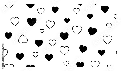 Seamless pattern with black hearts and outline shapes vector illustration for romantic valentines day background