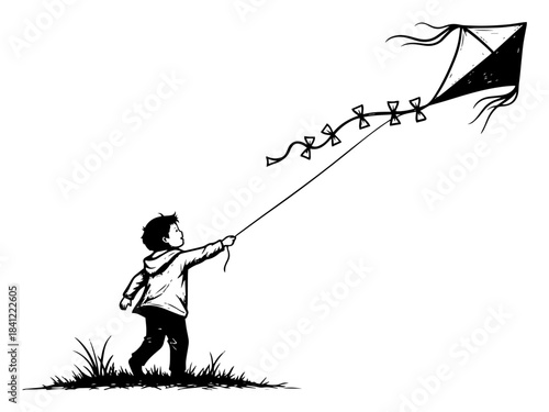 Little boy flying a kite in grass field vector illustration in black and white sketch style representing childhood freedom