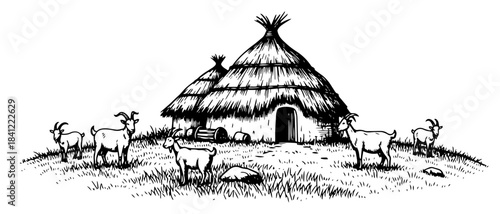 Hand drawn African village vector illustration with traditional thatched huts and grazing goats sketch