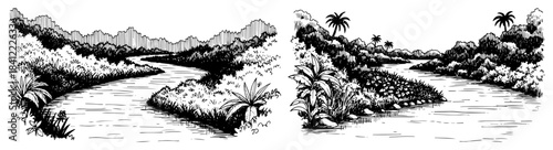 Hand drawn river landscape vector set with tropical jungle and nature stream panorama sketch