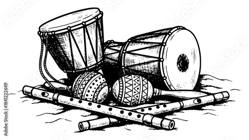Hand drawn traditional musical instruments vector illustration with drums maracas and wooden flute sketch