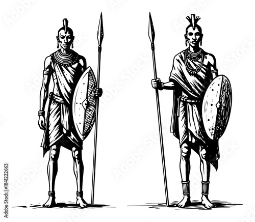 African tribal warrior men standing with spears and shields vector illustration in vintage black and white sketch style