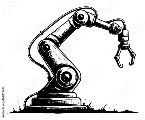 Hand drawn industrial robotic arm vector illustration with mechanical claw for manufacturing sketch