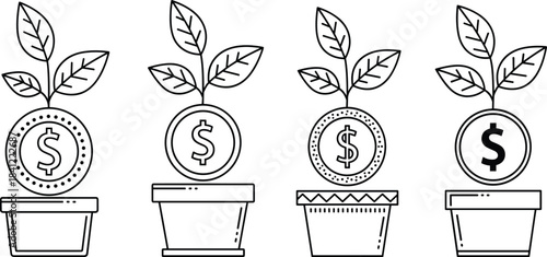 Money growth plant illustration showing dollar coins sprouting leaves in pots, symbolizing investment, financial success, savings, economic growth and business wealth concept