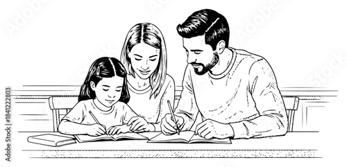 Hand drawn family helping child with homework vector illustration with parents and daughter writing sketch