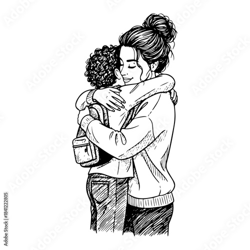 Mother hugging her son wearing a backpack vector illustration in vintage sketch style representing maternal love and care