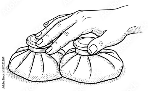 Hand holding two traditional medical ice bags vector illustration in vintage sketch style representing first aid treatment