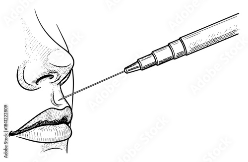 Hand drawn aesthetic medicine vector illustration with laser skin treatment on female face sketch