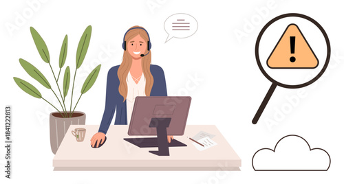 Female support agent in headset at desk with a computer, plant, and documents. Magnified warning sign and cloud symbolize troubleshooting. Ideal for tech support, problem-solving, customer service