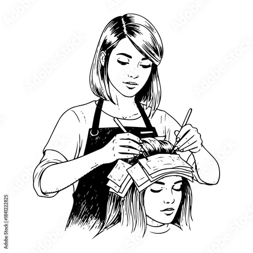 Hand drawn hair salon vector illustration with hairdresser dyeing client hair using foil sketch