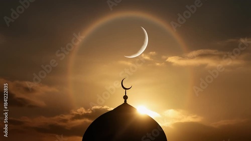Crescent moon glowing above mosque at sunset