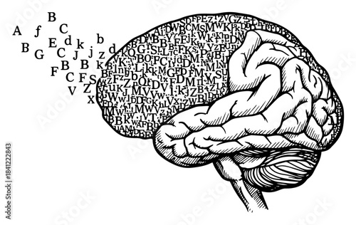 Human brain dissolving into alphabet letters concept of dyslexia memory loss and education vector sketch