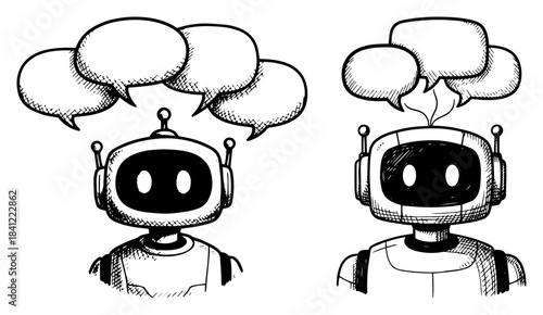 Hand drawn sketch of cute robots with speech bubbles illustrating AI chatbots conversation