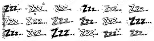 Hand drawn sketch collection of zzz sleep symbols and text sound effects representing snoring and dreaming in comic style