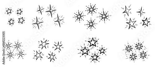 Set of hand drawn shining stars and sparkles concept of magic light and celebration decoration vector sketch