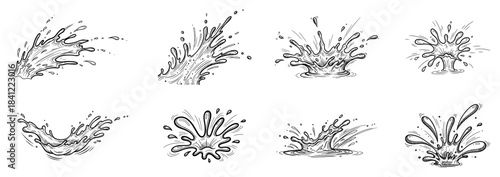 Set of dynamic water splashes and liquid drops hand drawn in engraving sketch style vector illustration elements
