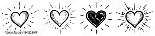 Hand drawn sketch collection of shining hearts with radiating rays illustrating love and romance for valentines day design