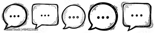 Row of hand drawn chat bubbles containing three dots ellipsis representing typing or waiting sketch style vector icons