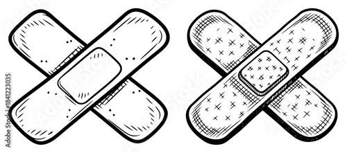 Hand drawn sketch of crossed medical adhesive bandages or plasters representing healthcare and first aid