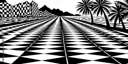 Copacabana beach sidewalk, black and white geometric artistic seamless pattern