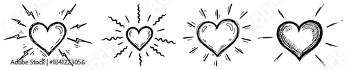 Set of hand drawn beating hearts with rays concept of love passion and strong emotion vector sketch