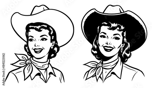 Portrait of smiling cowgirl wearing hat and neckerchief in vintage retro comic book style