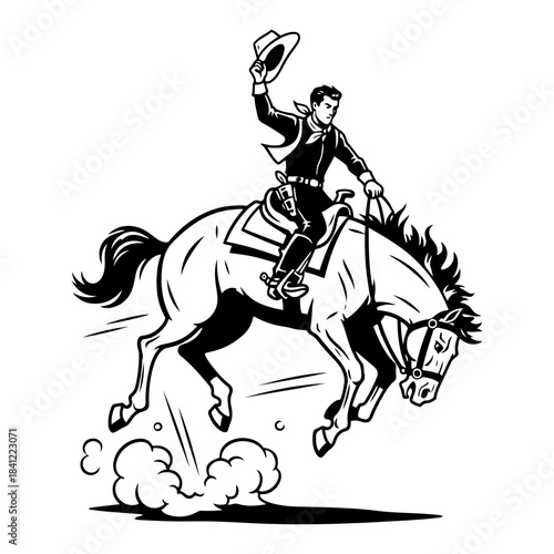 Cowboy riding a bucking horse and waving hat dynamic retro western sketch vector illustration