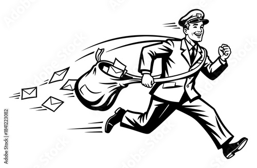 Fast running postman in uniform delivering mail with letters flying out of the bag in retro comic style
