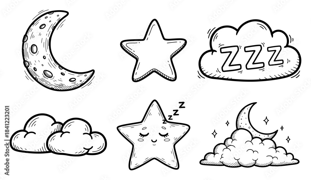 Fototapeta premium Hand drawn sketch collection of cute night sky elements with moon stars and sleeping clouds for bedtime design