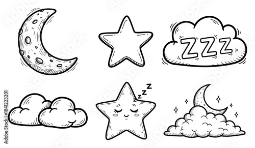 Hand drawn sketch collection of cute night sky elements with moon stars and sleeping clouds for bedtime design