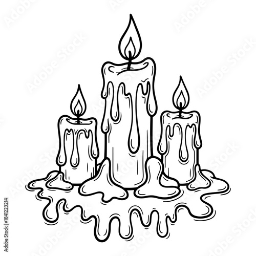 Three burning wax candles with melting drips concept of magic and halloween decoration vector sketch