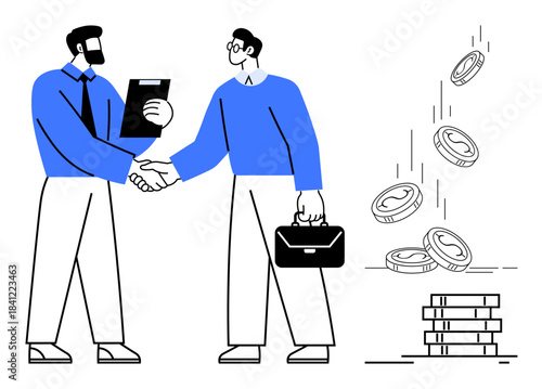 Business partnerships, financial growth, investment management, success, economic agreements, wealth creation. Two people shaking hands with coins falling into stacks. Business partnerships