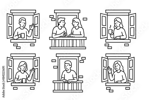 Neighbors communicating and greeting from apartment and balconies during isolation