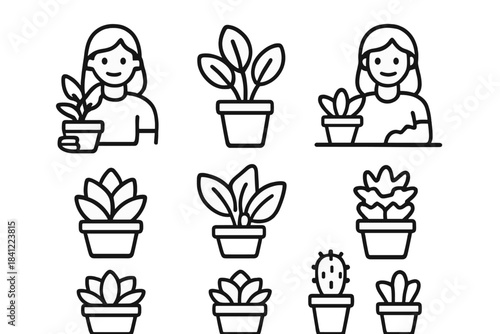 A woman caring for various potted houseplants including succulents and leafy greens, representing indoor gardening