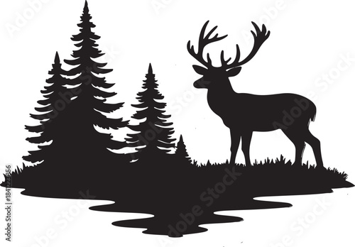 Silhouette of a majestic stag standing near coniferous trees in a forest