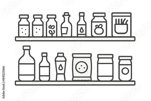Assortment of grocery products and cooking ingredients displayed on kitchen shelves