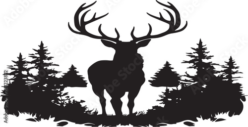 Silhouette of a majestic deer with large antlers amidst a forest scene