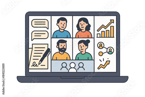 Online video conference call screen with four participants and business icons on a laptop