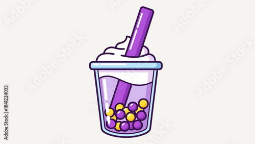 Cartoon Boba Tea with Tapioca Pearls and Whipped Cream.