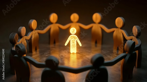 3D render of human figures holding hands in a circle, spotlight emphasizing one person. Leadership, individuality, talent recognition, and team support concept. Dark background.