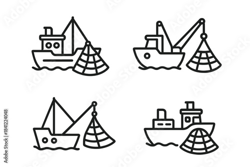 Set of four commercial fishing trawlers actively dragging large nets across the ocean surface