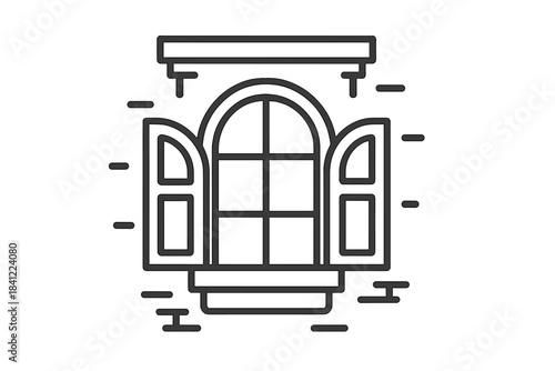 Simple outline drawing of an open arched window with shutters representing home architecture