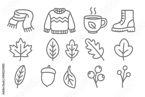 Cozy autumn weather elements including warm clothing, hot beverages, and fall foliage symbols